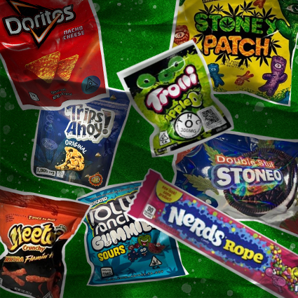 Various cannabis edibles packaged in packaging that resembles popular candies and snacks, such as Doritos, Sour Patch Kids, and Chips Ahoy.