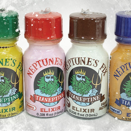 alt text: Bottles in various colors reading Neptune's Fix: Tianeptine Elixir