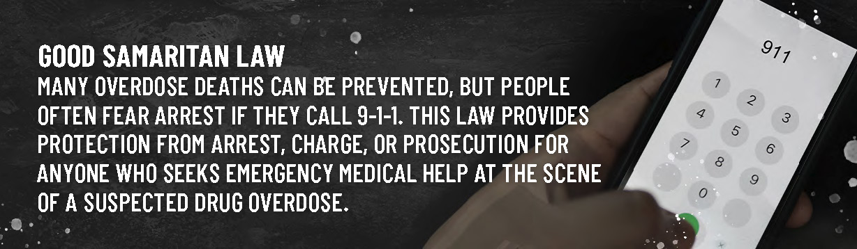 Good Samaritan Law: Many overdose deaths can be prevented, but people often fear arrest if they call 9-1-1. This law provides protection from arrest, charge, or prosecution for anyone who seeks emergency medical help at the scene of a suspected drug overdose.