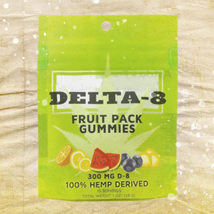 Product packaging that says "Delta-8 Fruit Pack Gummies. 100% Hemp Derived."