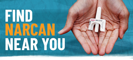 Hands holding narcan nasal spray next to text reading "find narcan near you."