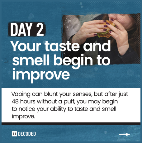 Infographic reading, "Day 2: Your taste and smell begin to improve. Vaping can blunt your senses, but after just 48 hours without a puff, you may begin to notice your ability to taste and smell improve."