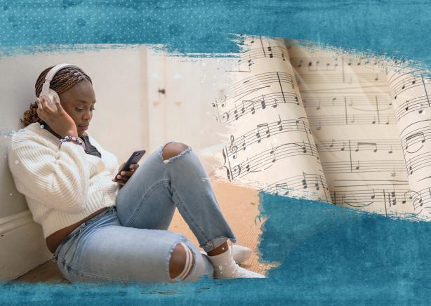 Two images layered on a blue background. The left image is an African American girl with headphones on looking at her phone. She is holding the headphones on her head with her right hand and her phone with her left. The right image is of sheet music for a piano.