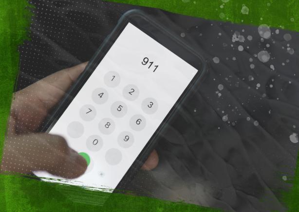 Image of a hand holding a phone that’s calling 911 on top of a green background.