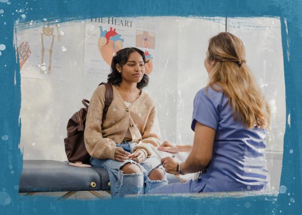 A teen girl sitting on an exam table in a doctor’s office talking with a medical provider.