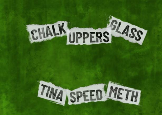 Paper clippings spelling out "chalk, uppers, glass, tina, speed, meth."