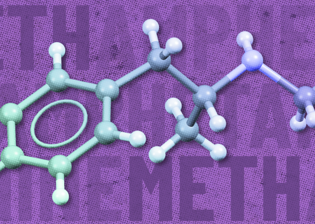 Model of chemical structure in front of the word "methamphetamine.