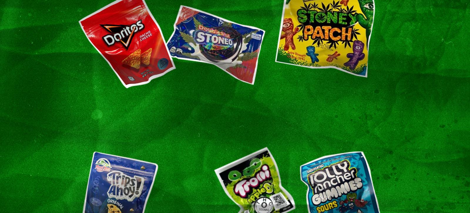 Various cannabis edibles packaged in packaging that resembles popular candies and snacks, such as Doritos, Sour Patch Kids, and Chips Ahoy.