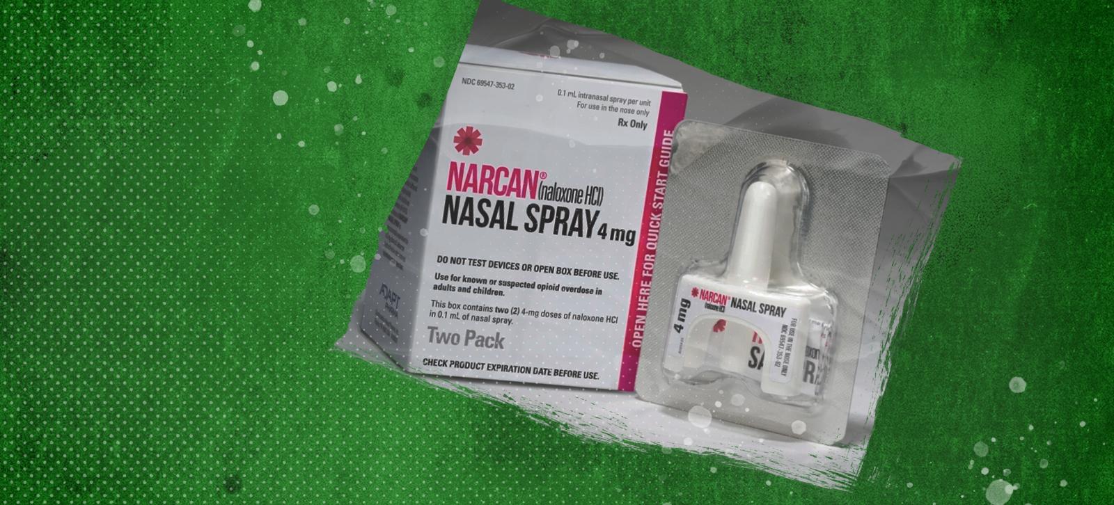 A two-pack box of Narcan Nasal Spray and a 4mg dose of Narcan on top of a green background.