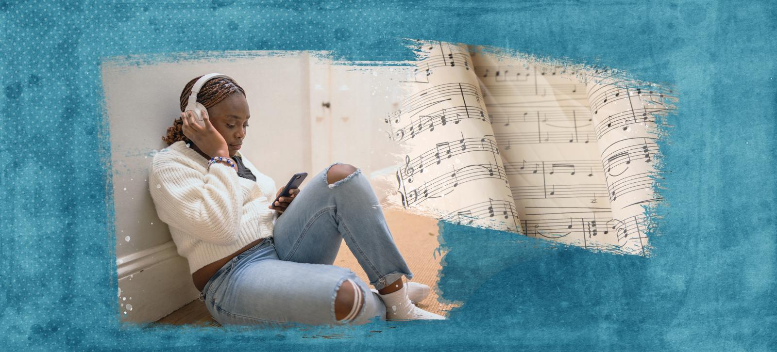 A girl with headphones on looking at her phone. She is holding the headphones on her head with her right hand and her phone with her left. To the right is sheet music for a piano.
