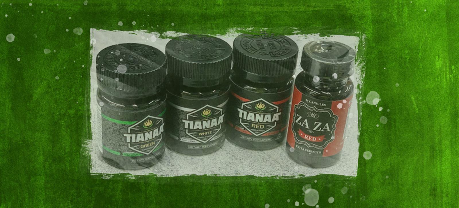 4 bottles of tianeptine packaged with different brand names including, Tianaa and Za Za Red.