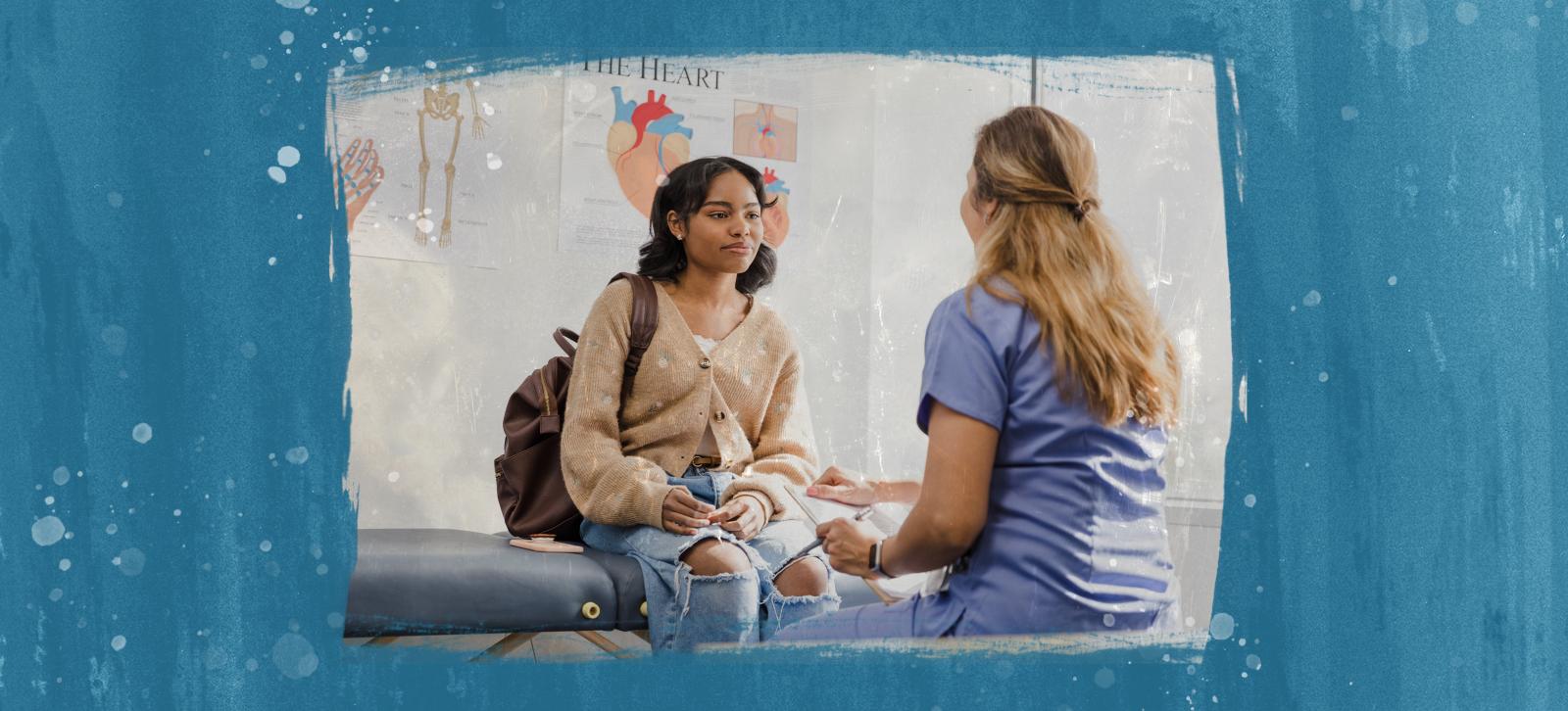 A teen girl sitting on an exam table in a doctor’s office talking with a medical provider.