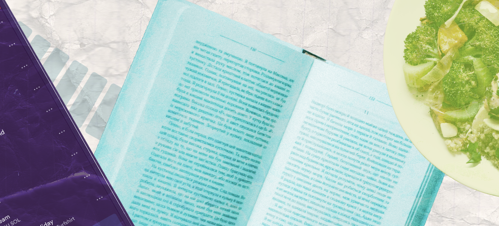 Collage of a phone, book, and food.