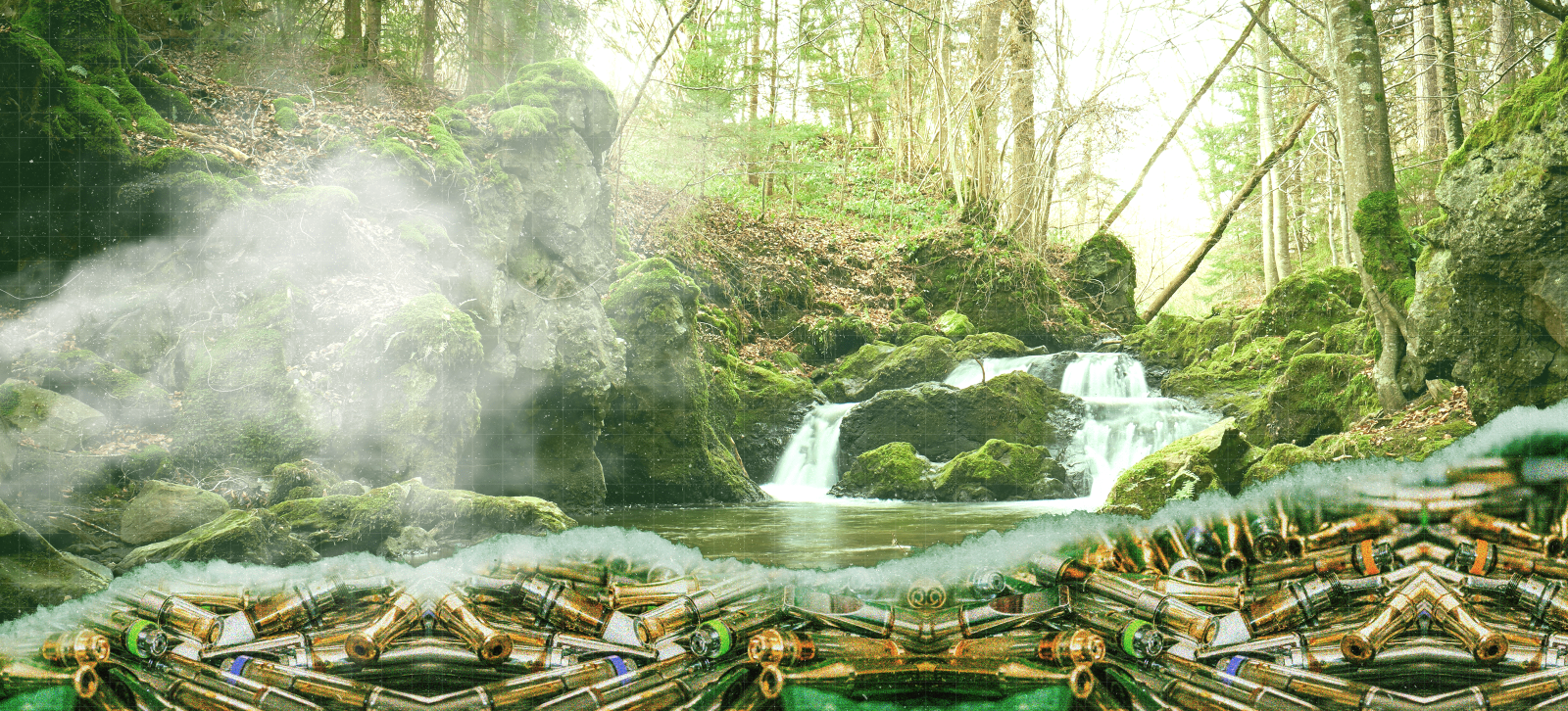 Forest and a waterfall above a pile of vape cartridges.