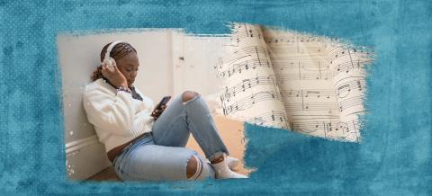 Two images layered on a blue background. The left image is an African American girl with headphones on looking at her phone. She is holding the headphones on her head with her right hand and her phone with her left. The right image is of sheet music for a piano.