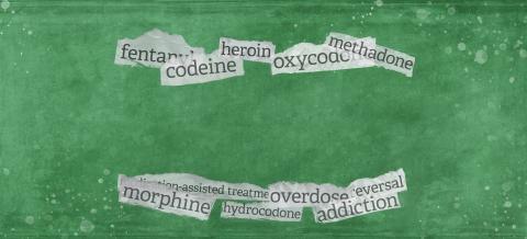 A green background with strips of paper containing words related to opioids. Some of the words include "fentanyl, morphine, addiction, and methadone.