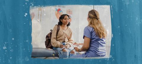 A teen girl sitting on an exam table in a doctor’s office talking with a medical provider.