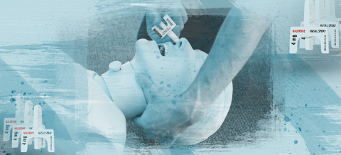 A dummy is lying on the ground. A person is holding the head of the dummy with one hand and spraying Naloxone up the dummy's nose with the other. The image is stylized with a blue film and naloxone applicators in the corners.