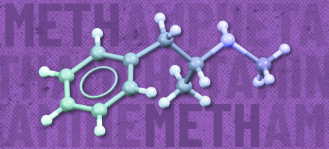 Model of chemical structure in front of the word "methamphetamine.